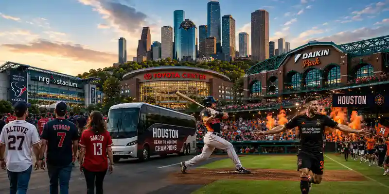 Sports fans arrive at NRG Stadium, Toyota Center, and Daikin Park in downtown Houston, celebrating game day with a championship bus, baseball action, soccer excitement, and the city skyline in the background.